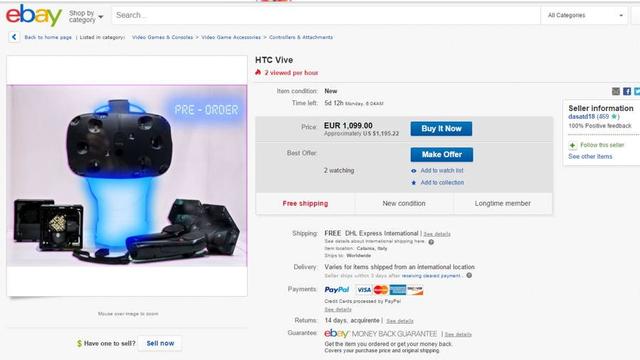 eBay开始HTC Vive预购 售价1099欧元